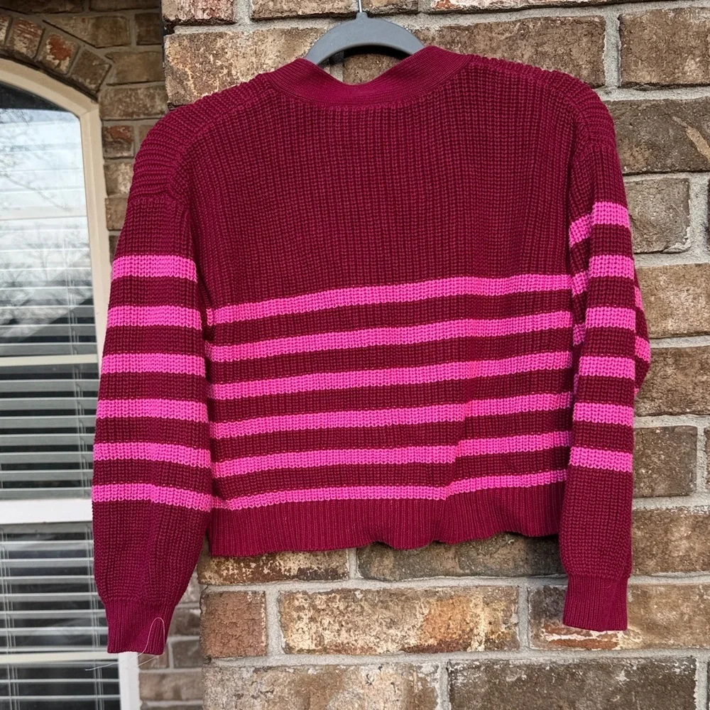 GAP Burgundy & Hot Pink Striped Girls Cropped Cardigan size L (10)